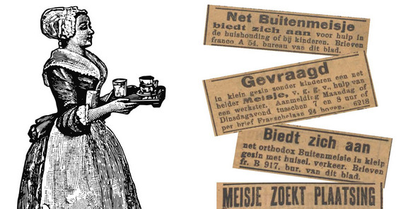 Dienstmädchen mit Haube und Stellenanzeigen auf Niederländisch