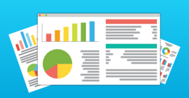 diagrams and pie charts on blue background