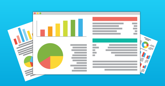 diagrams and pie charts on blue background